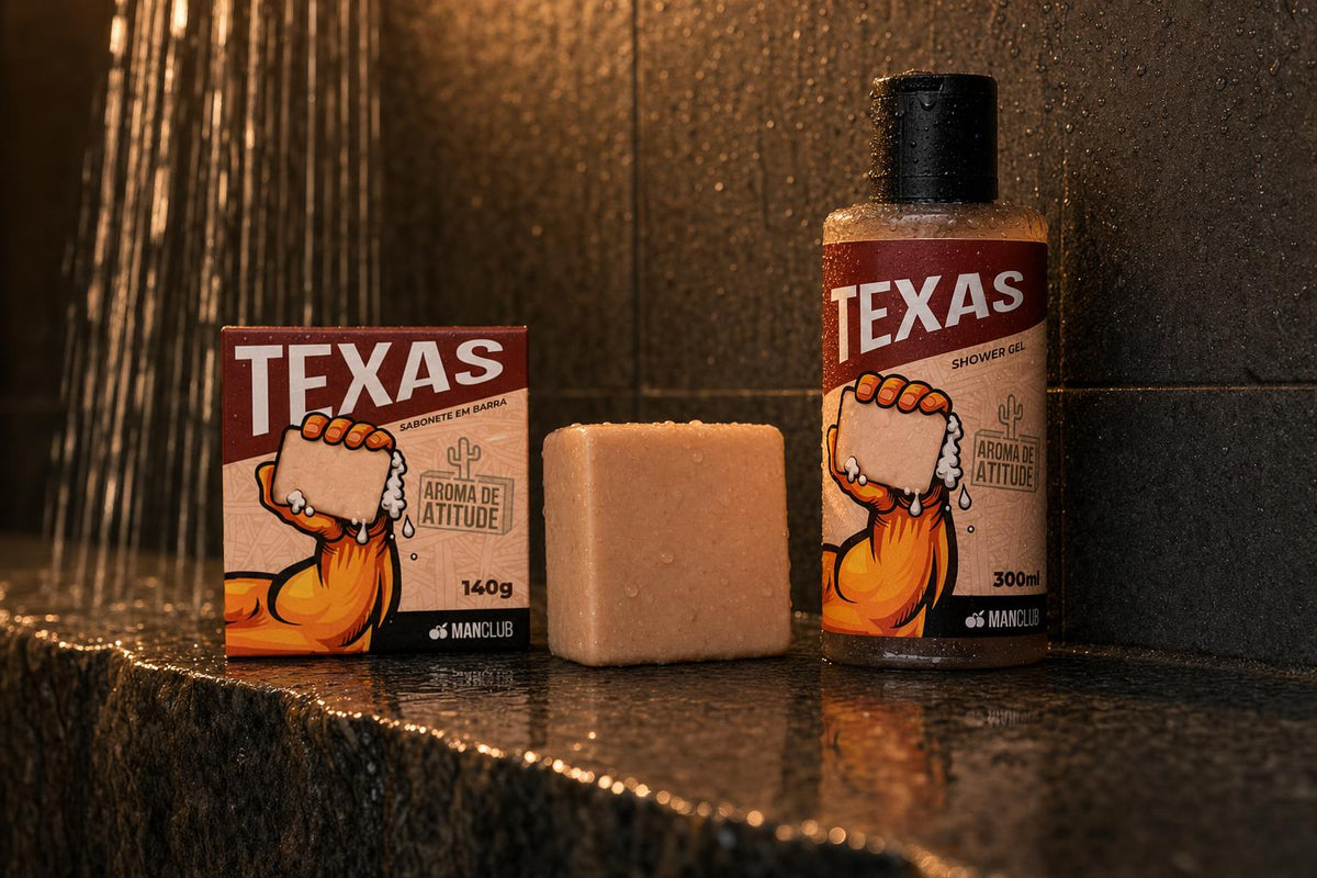Sabonete Texas em barra e Shower Gel da ManClub lado a lado
