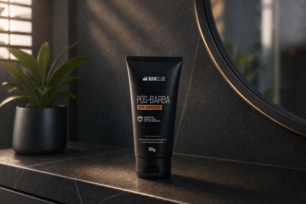 Skincare masculino: produtos de cuidado facial da ManClub em bancada de banheiro
