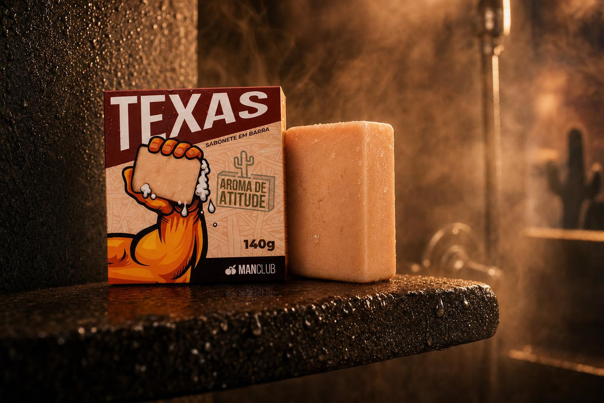 Sabonete neutro ou masculino: Sabonete Texas da ManClub em prateleira de banho