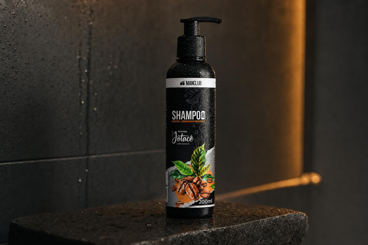 Shampoo 2x1 da ManClub em prateleira escura de banheiro