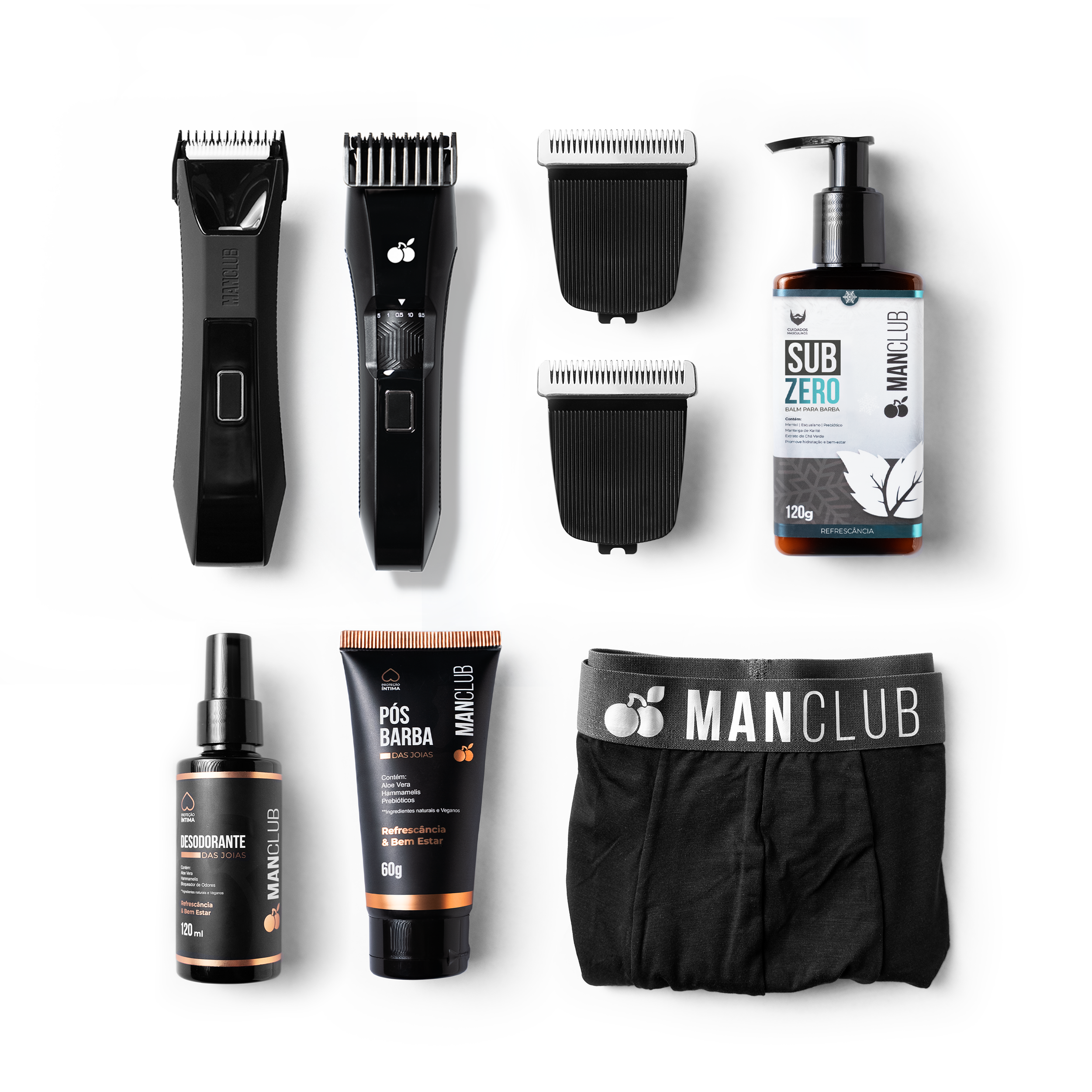 Kit Platinum 2.0 - O Desmatador 2.0 +1 O Escultor 2.0 +1 Desodorante das joias  +1 Pós barba das joias +1 Balm Sub Zero +1 lâmina para o Desmatador +1 lâmina para o Escultor +1 Boxer ManClub de brinde